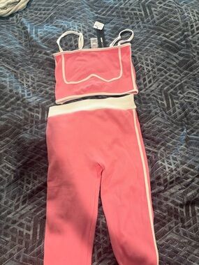 Pink Ribbed Two-Piece Crop Top and High-Waist Leggings Set